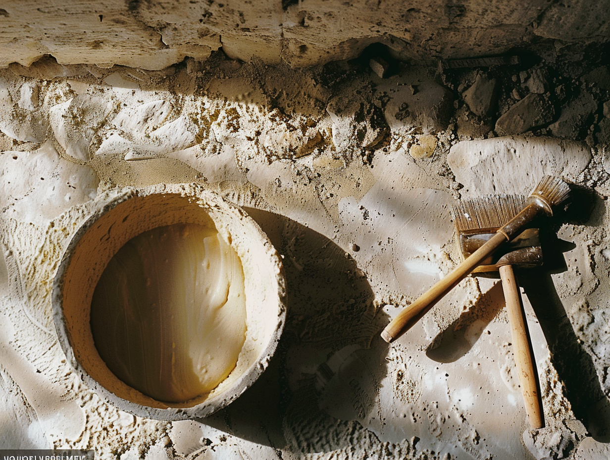 Studio illustration of a lime pit and slaked lime putty, the source material a plaster spec describes