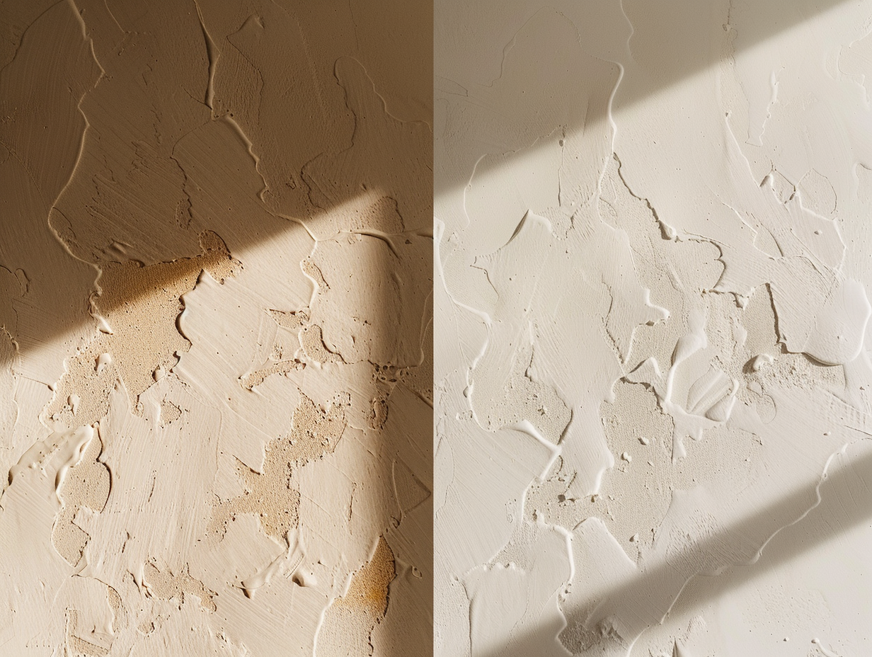 Studio illustration comparing a hand-troweled lime plaster wall and a painted drywall surface, raking light reading both planes