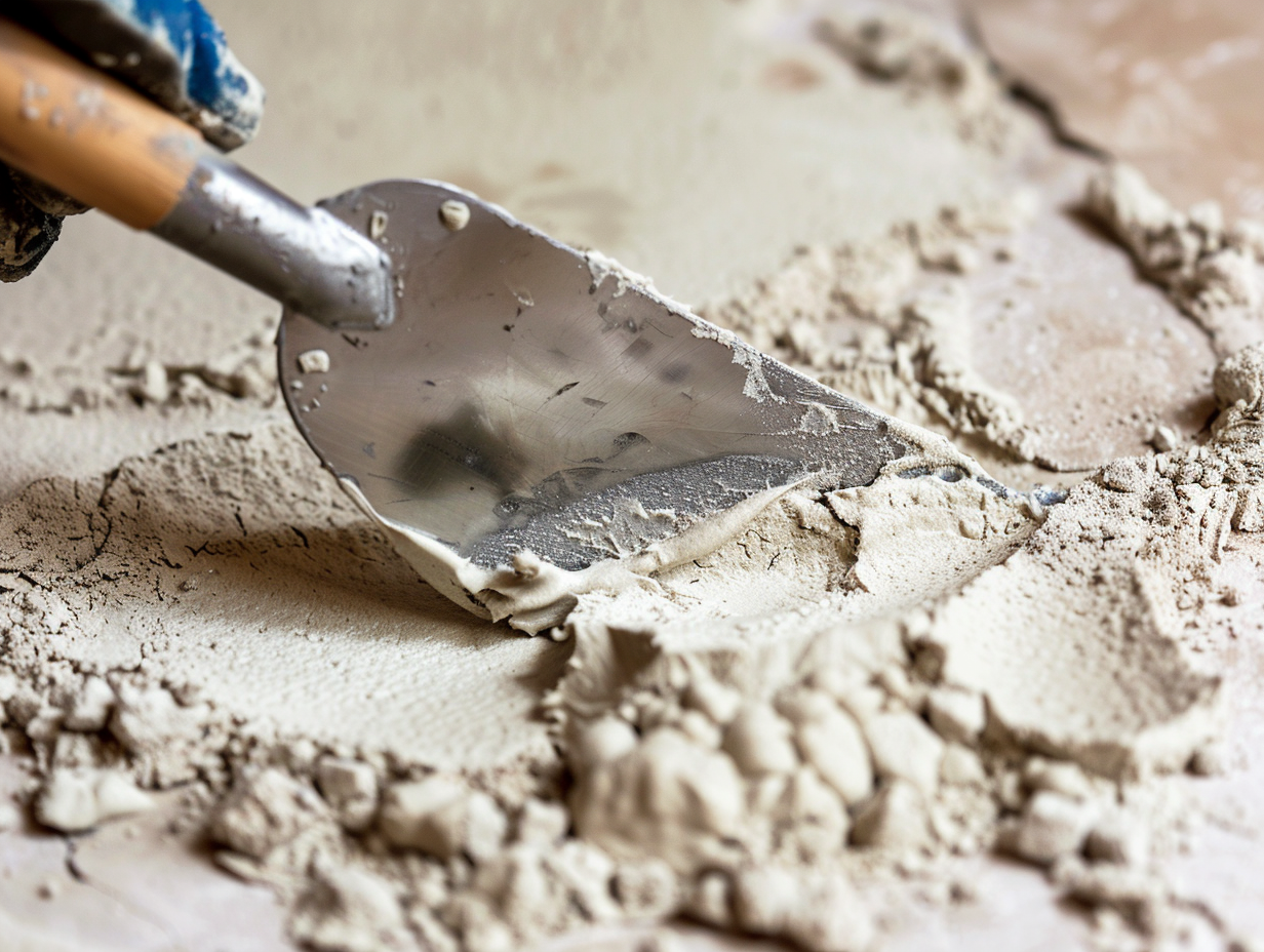 Studio illustration of a plasterer's trowel against a freshly worked lime surface, marmorino and venetian sample comparison