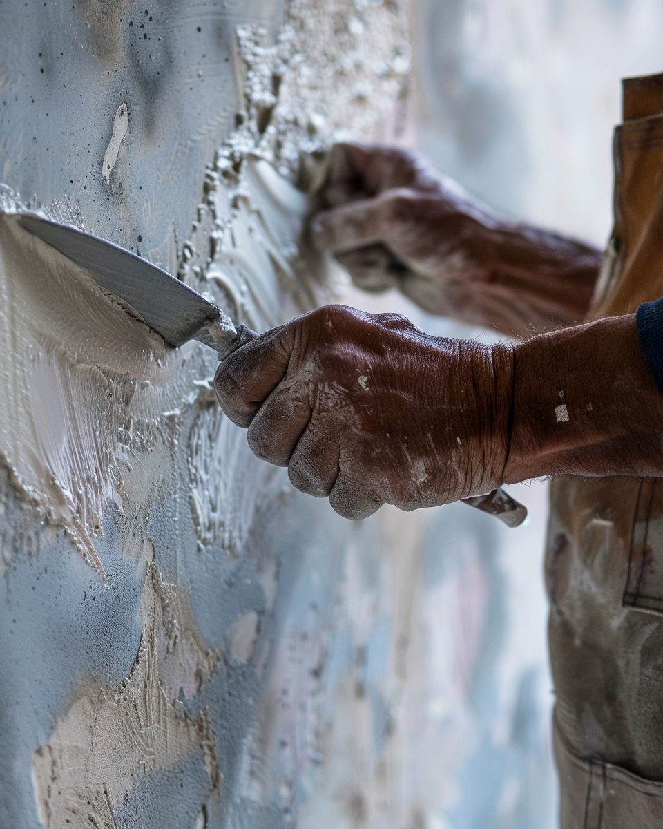 Application in progress, trowel on third coat, studio sample wall